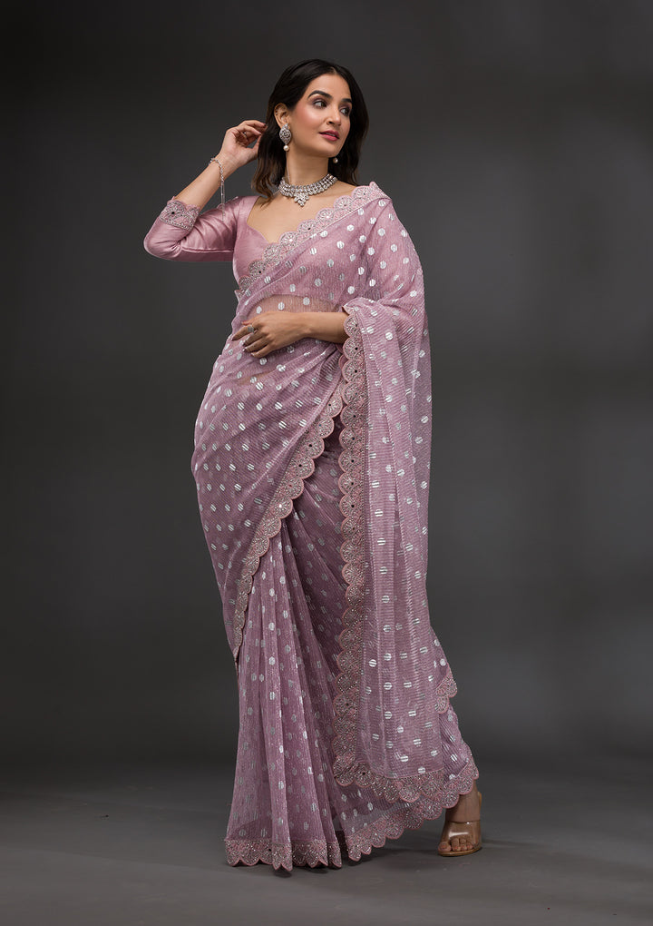 Onion Pink Stonework Shimmer Georgette Saree