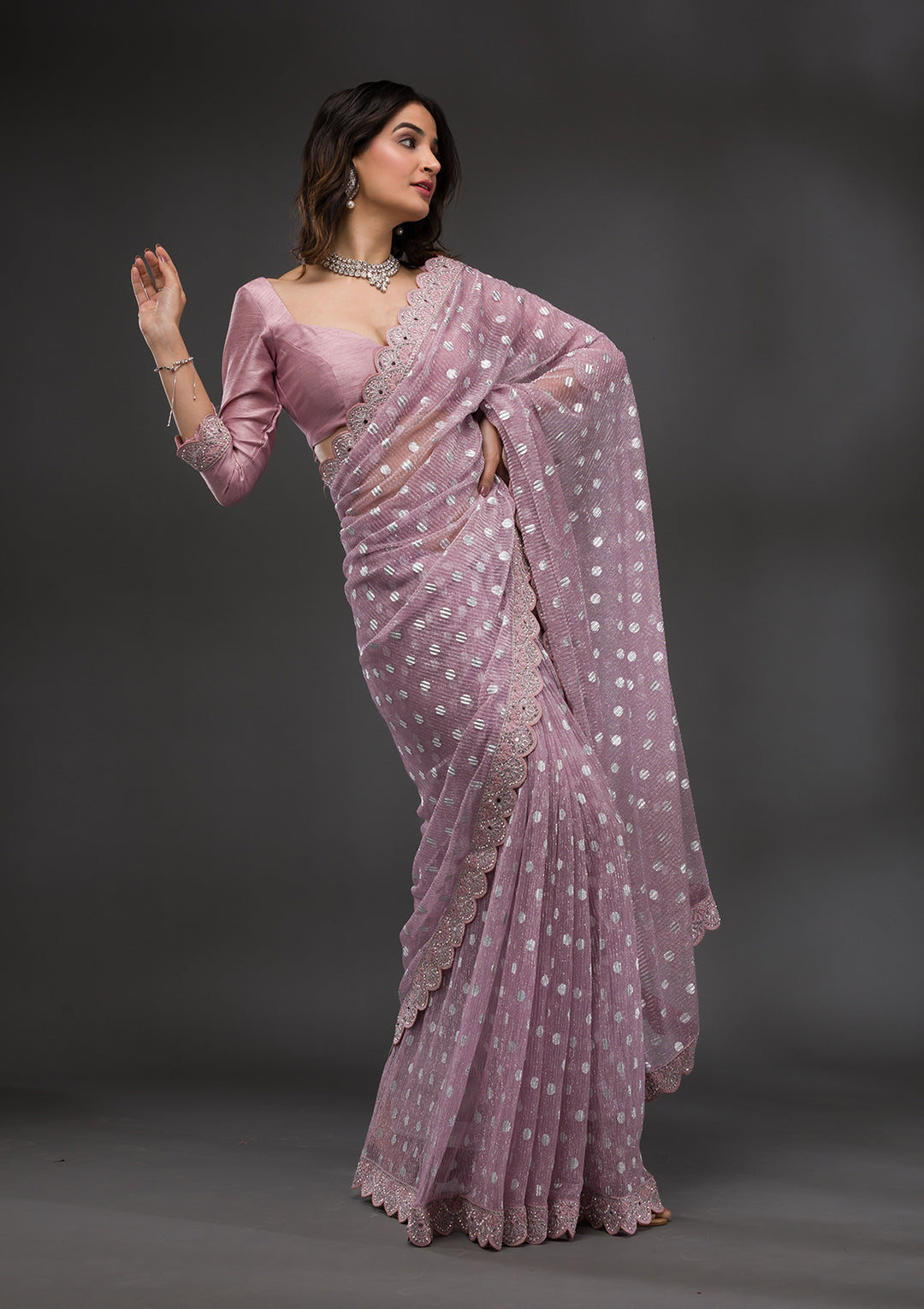 Onion Pink Stonework Shimmer Georgette Saree