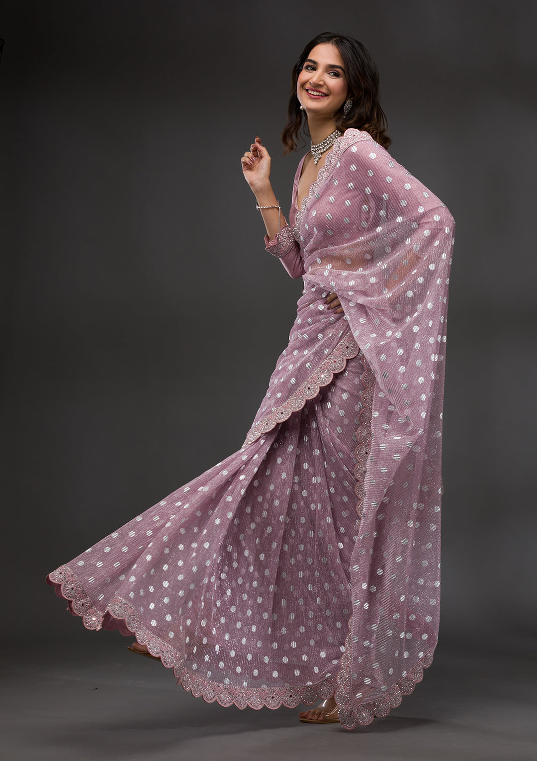 Onion Pink Stonework Shimmer Georgette Saree