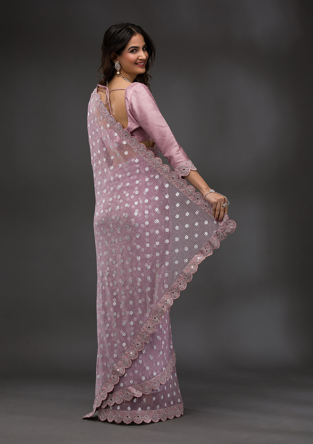 Onion Pink Stonework Shimmer Georgette Saree