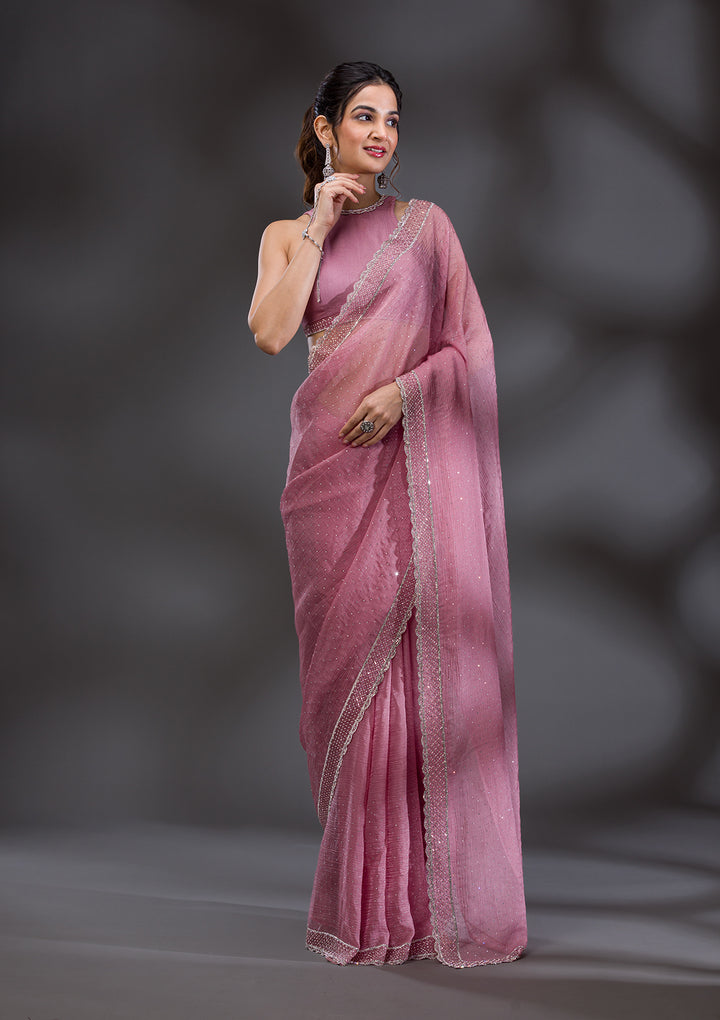 Onion Pink Stonework Tissue Saree