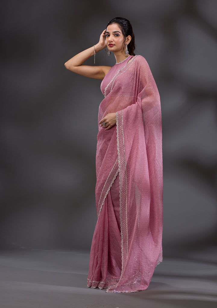 Onion Pink Stonework Tissue Saree