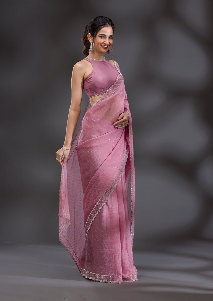 Onion Pink Stonework Tissue Saree