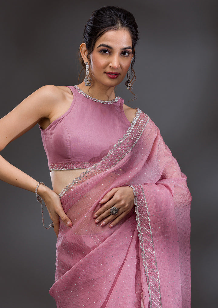 Onion Pink Stonework Tissue Saree