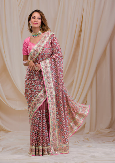 Onion Pink Swarovski Chiffon Saree-Koskii