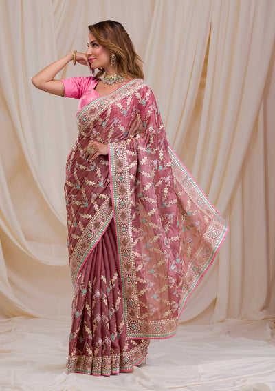 Onion Pink Swarovski Chiffon Saree-Koskii
