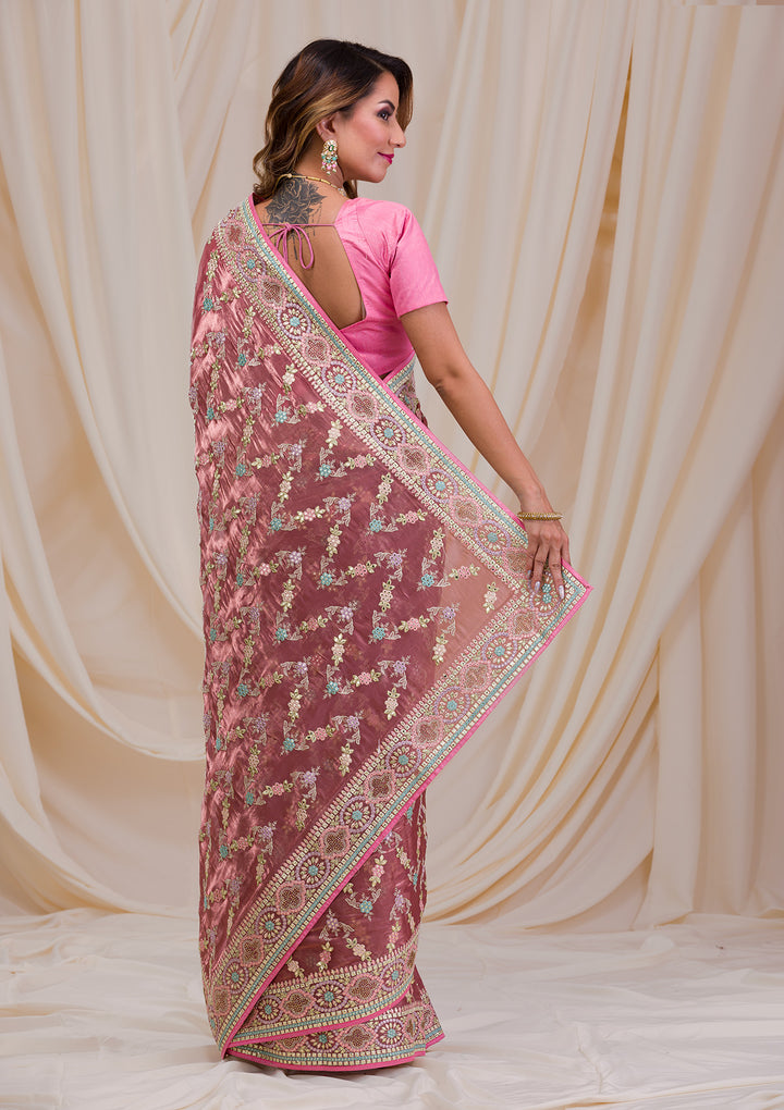 Onion Pink Swarovski Chiffon Saree