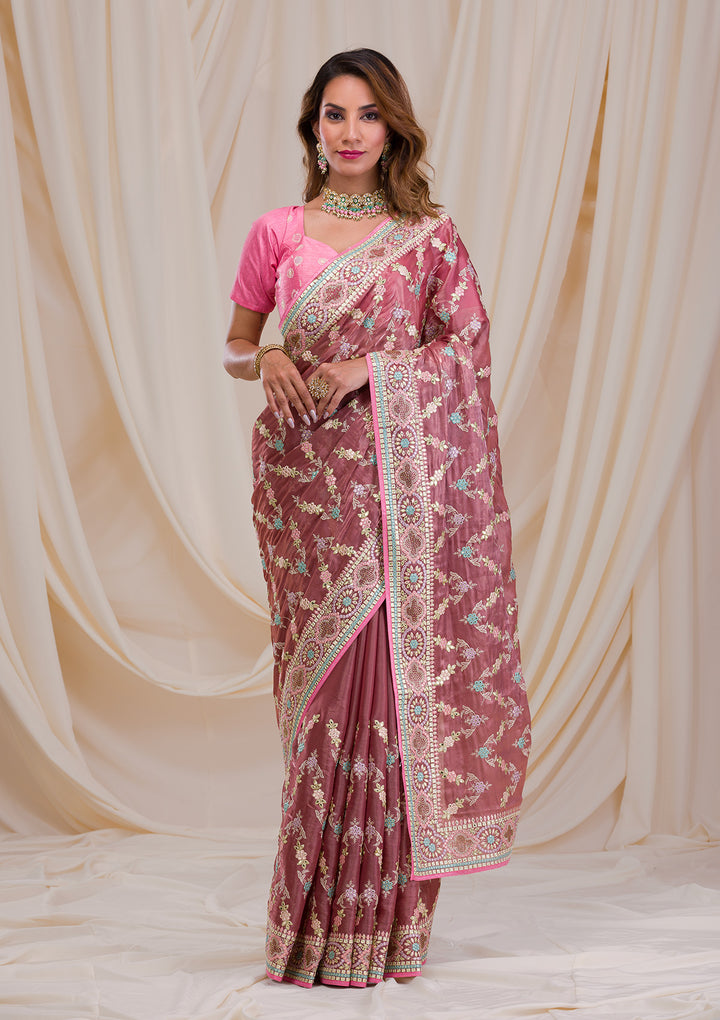 Onion Pink Swarovski Chiffon Saree
