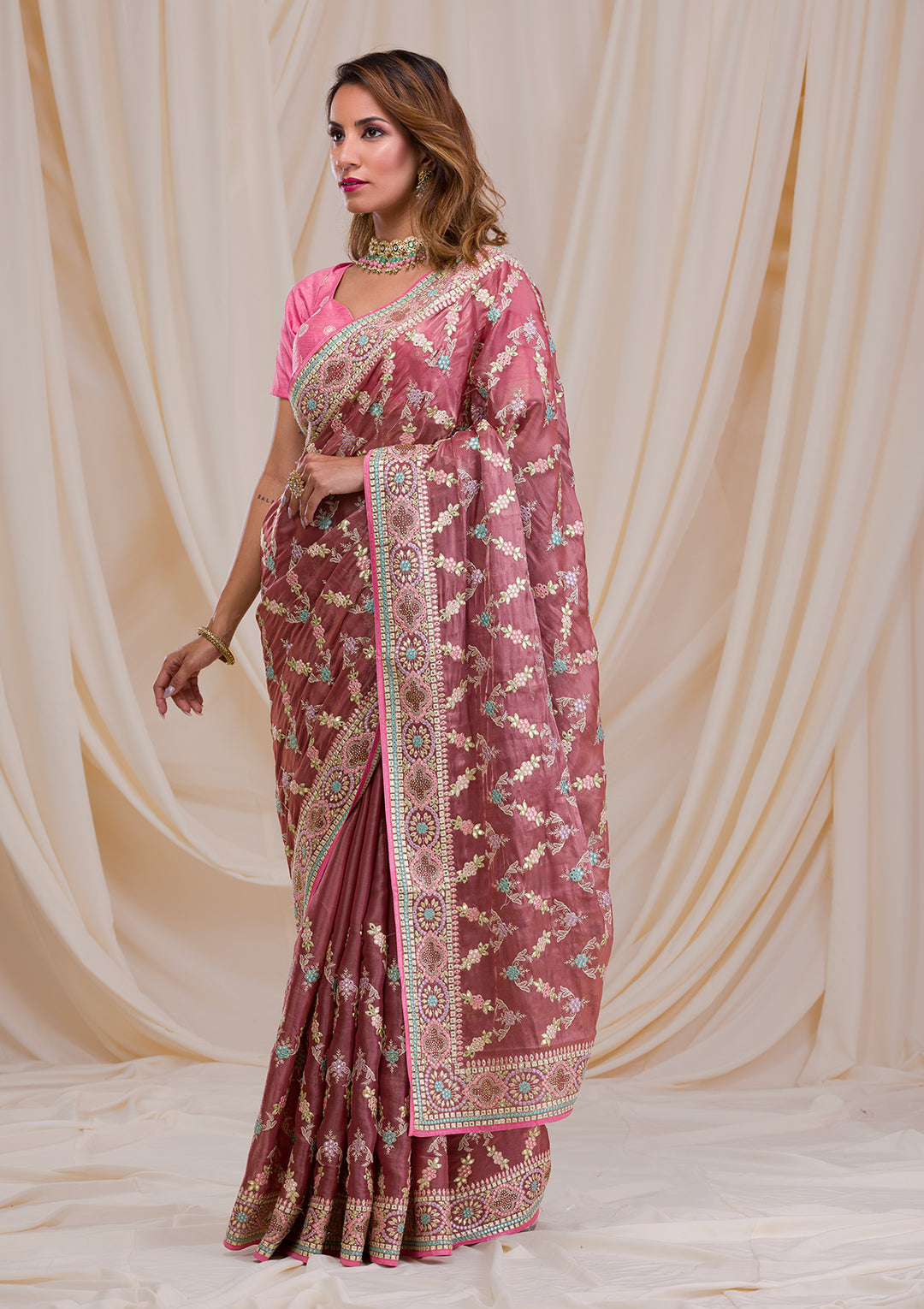 Onion Pink Swarovski Chiffon Saree