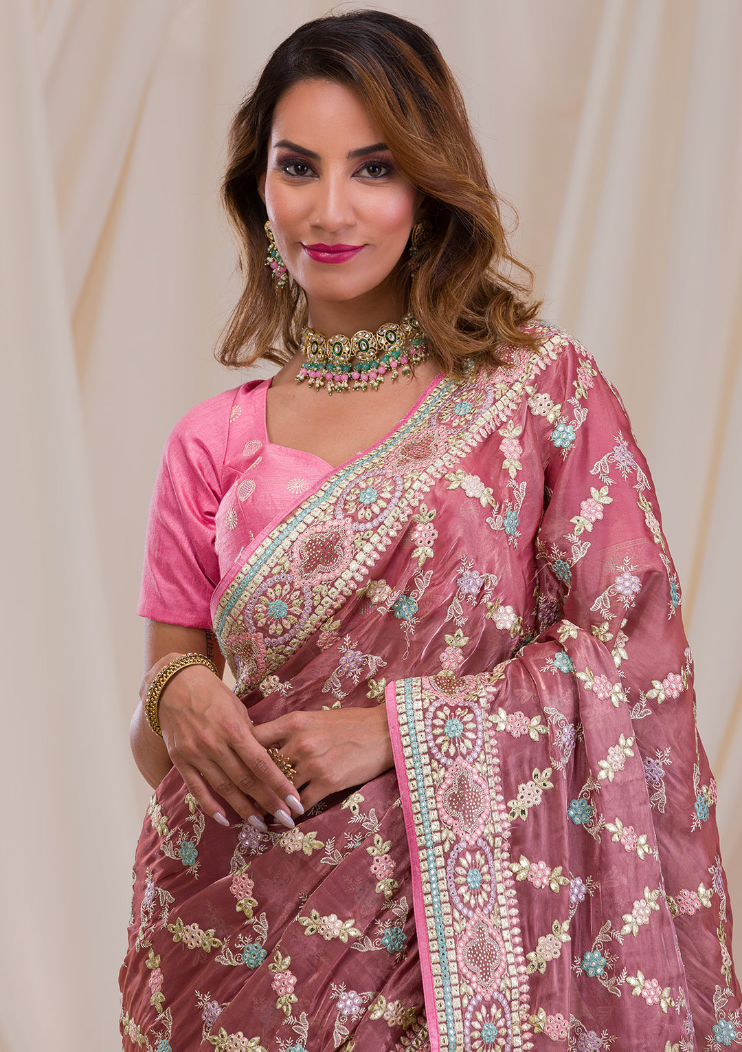 Onion Pink Swarovski Chiffon Saree