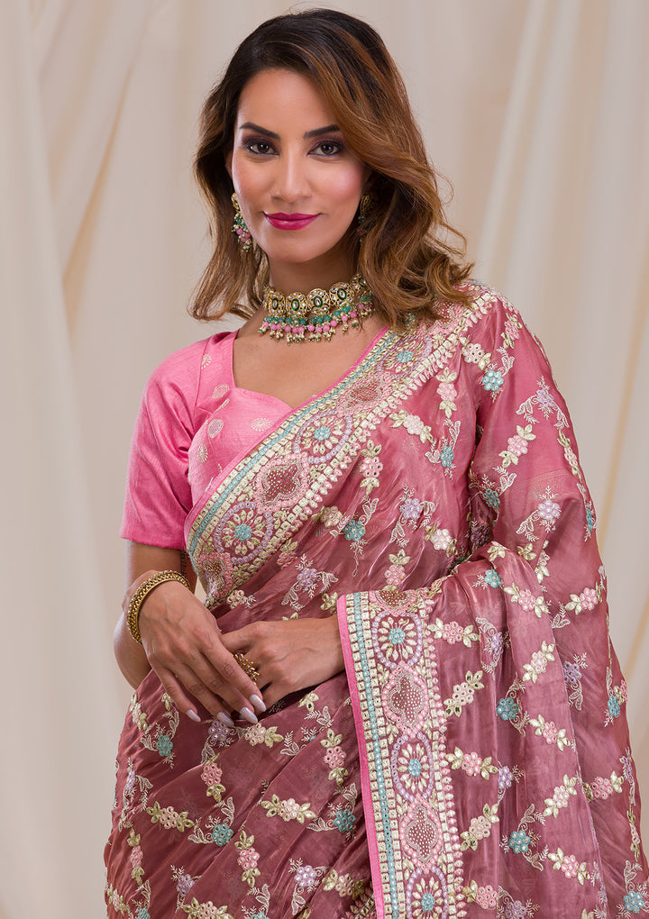 Onion Pink Swarovski Chiffon Saree