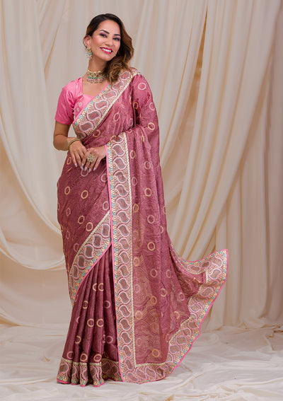 Onion Pink Swarovski Chiffon Saree-Koskii