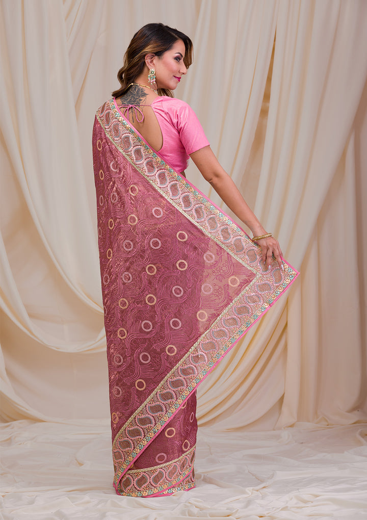 Onion Pink Swarovski Chiffon Saree
