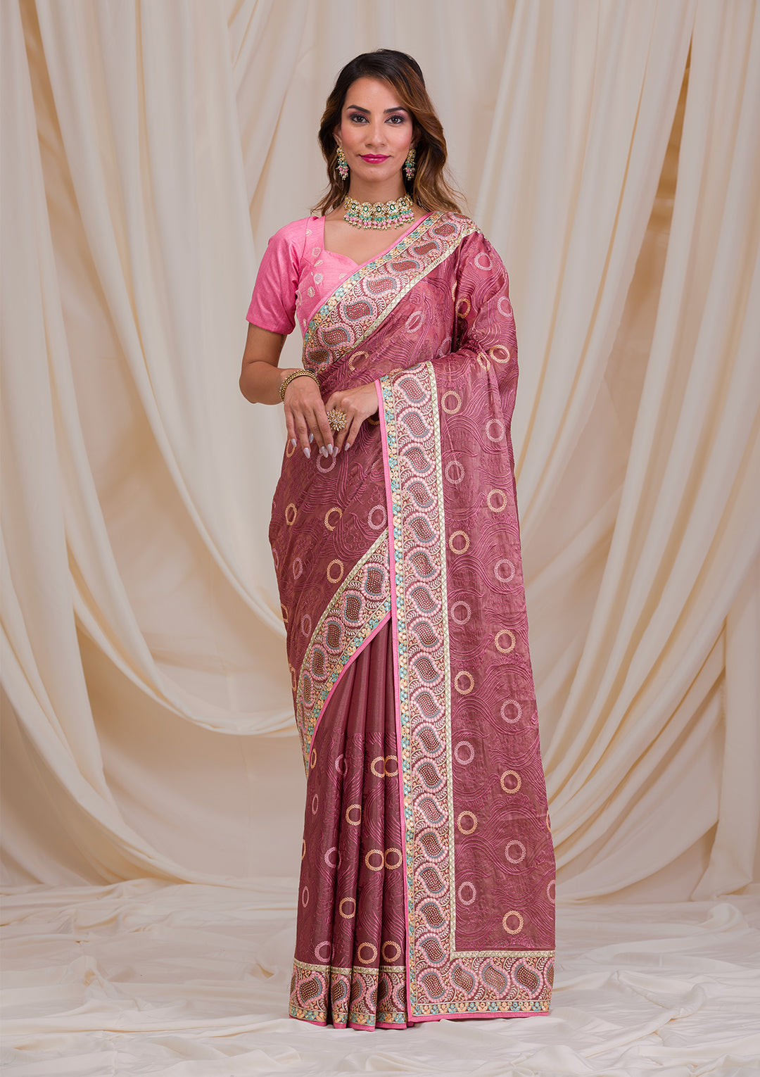 Onion Pink Swarovski Chiffon Saree
