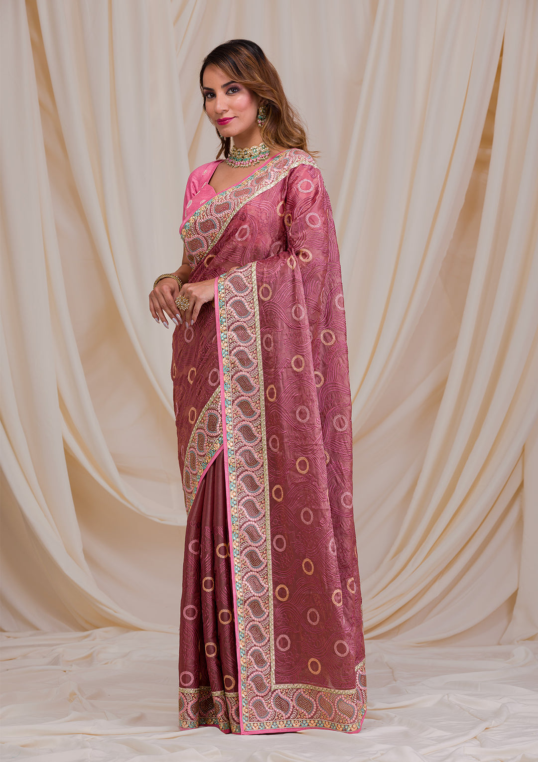Onion Pink Swarovski Chiffon Saree