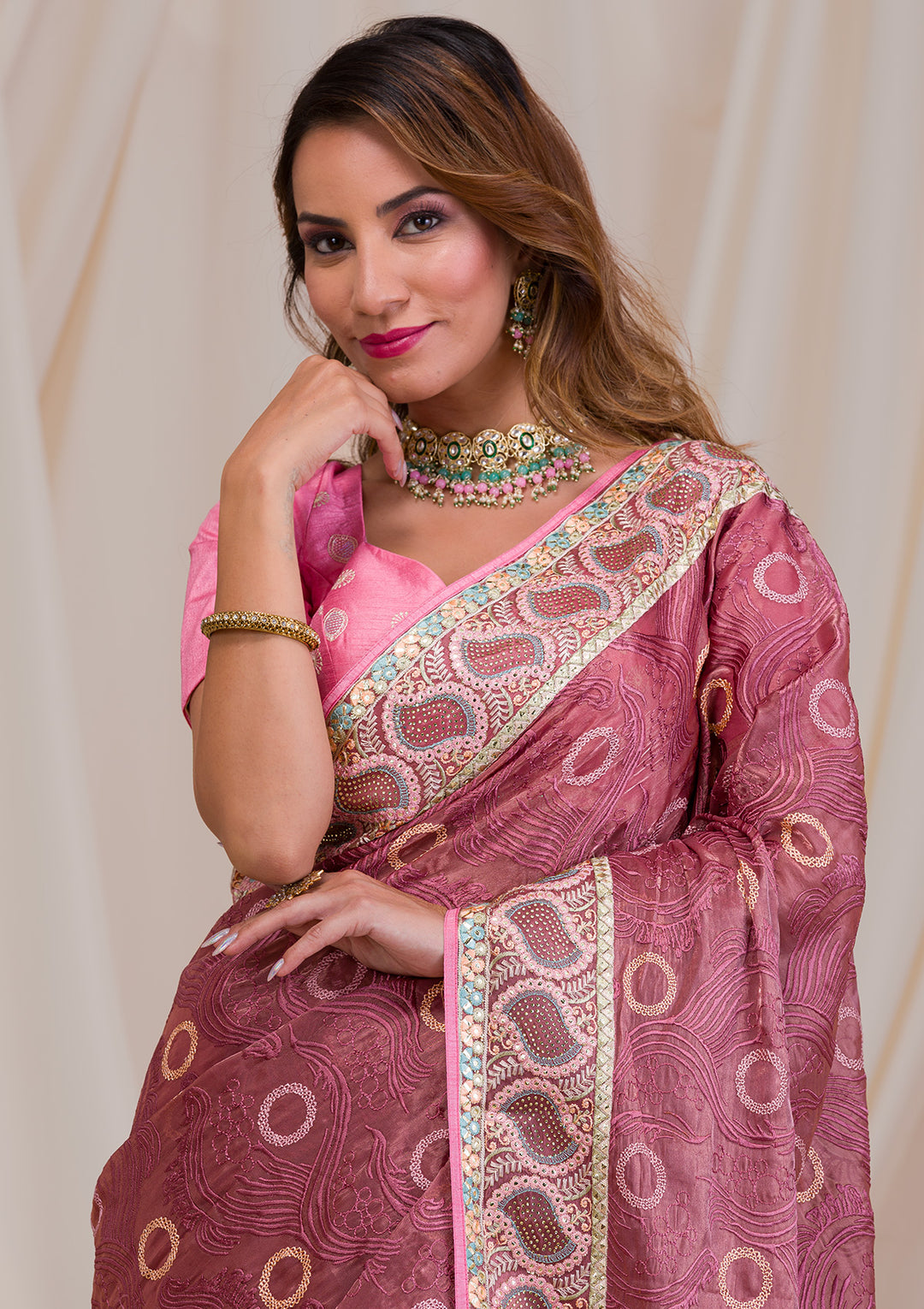 Onion Pink Swarovski Chiffon Saree