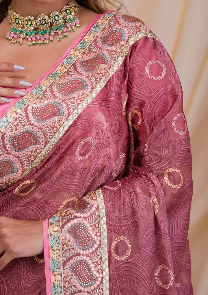 Onion Pink Swarovski Chiffon Saree