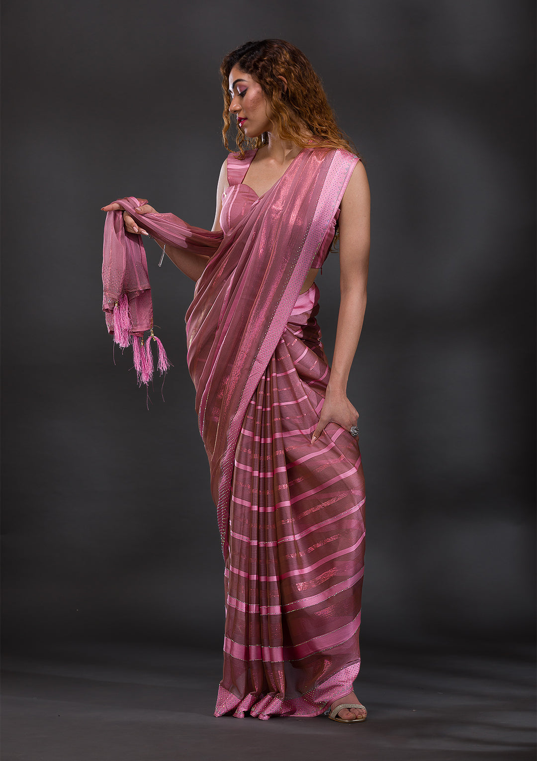 Onion Pink Swarovski Shimmer Georgette Saree