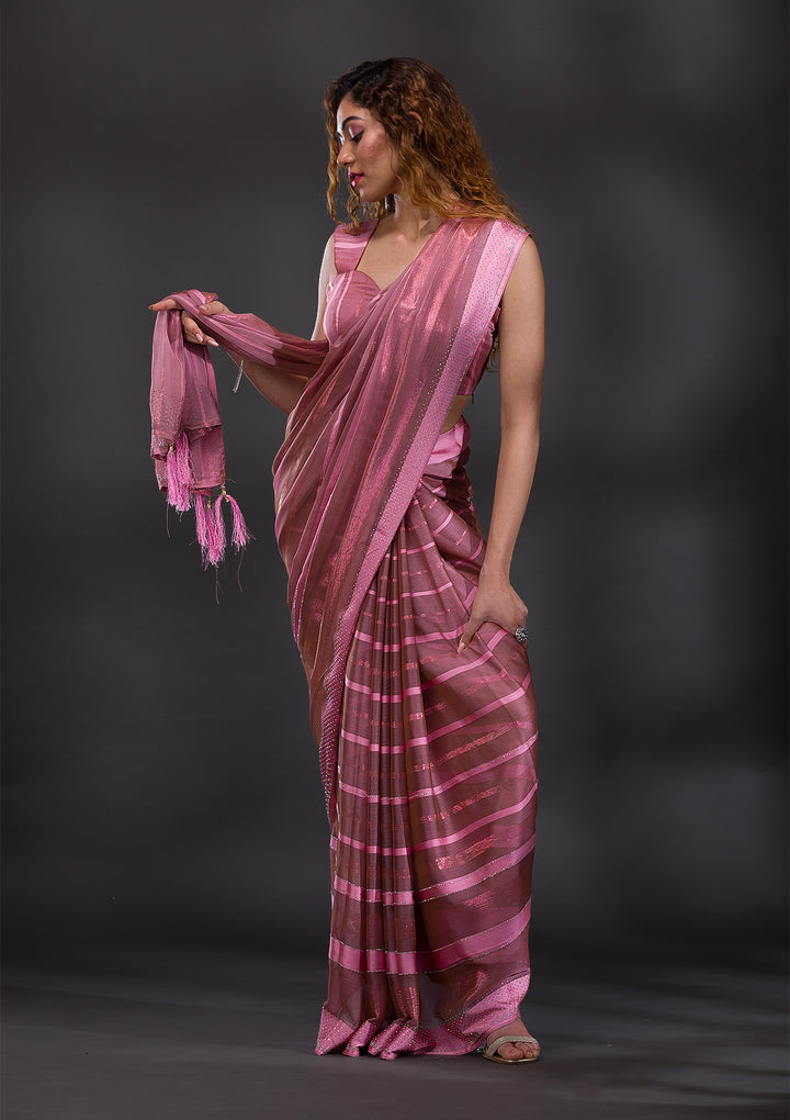 Onion Pink Swarovski Shimmer Georgette Saree