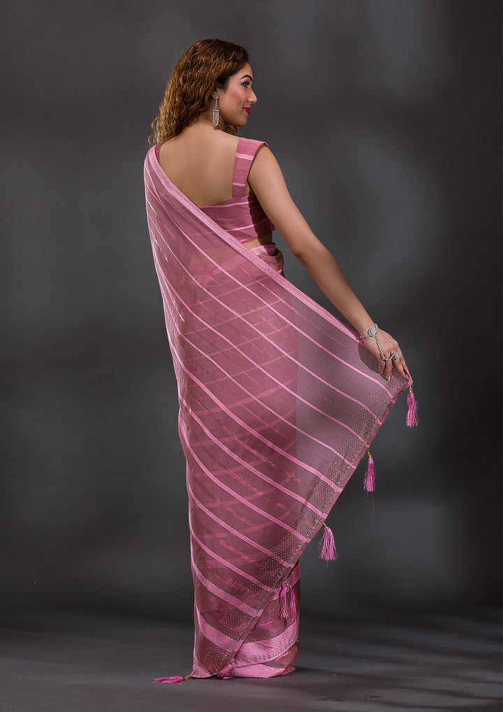 Onion Pink Swarovski Shimmer Georgette Saree