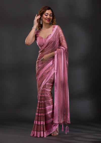 Onion Pink Swarovski Shimmer Georgette Saree-Koskii