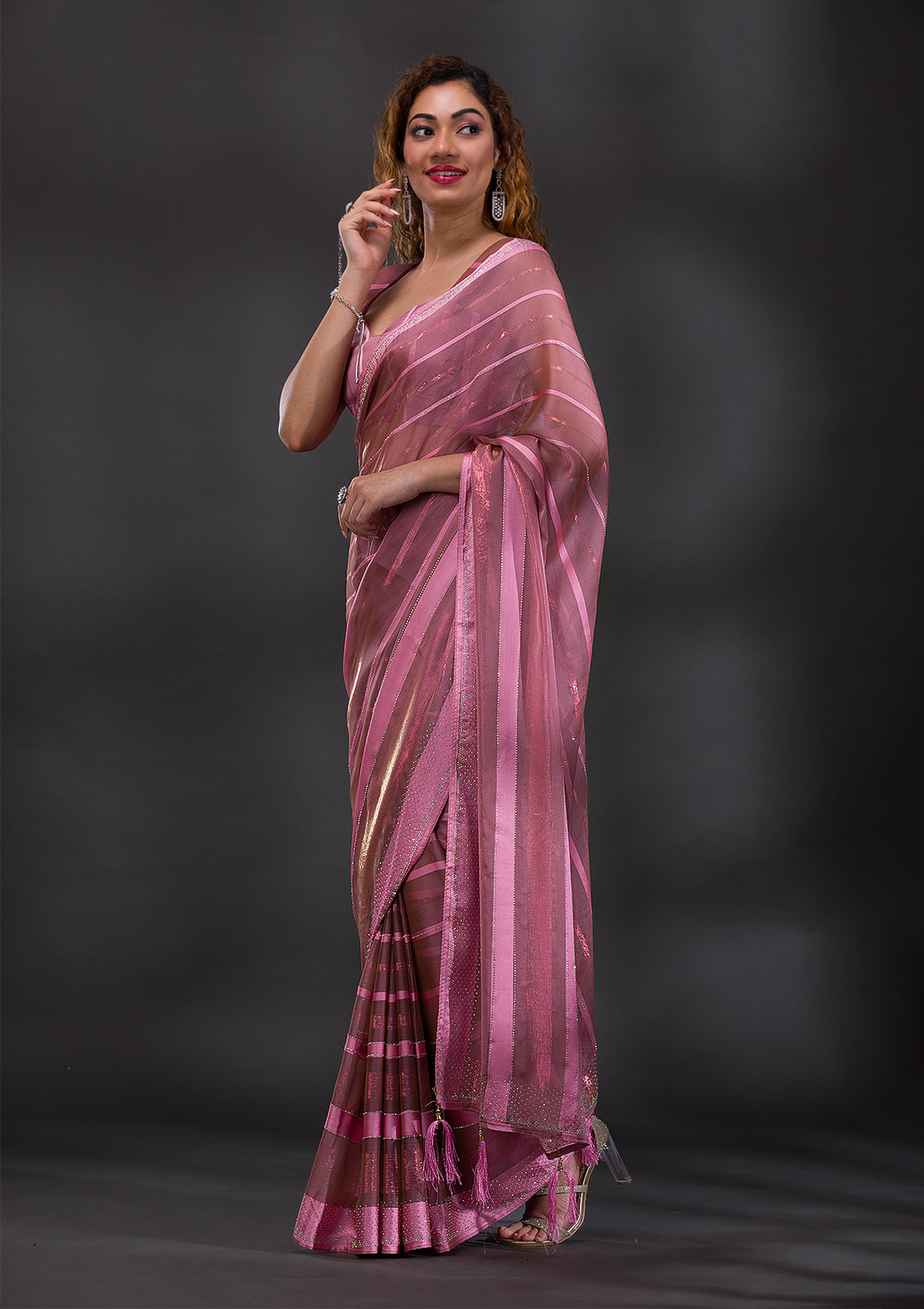 Onion Pink Swarovski Shimmer Georgette Saree