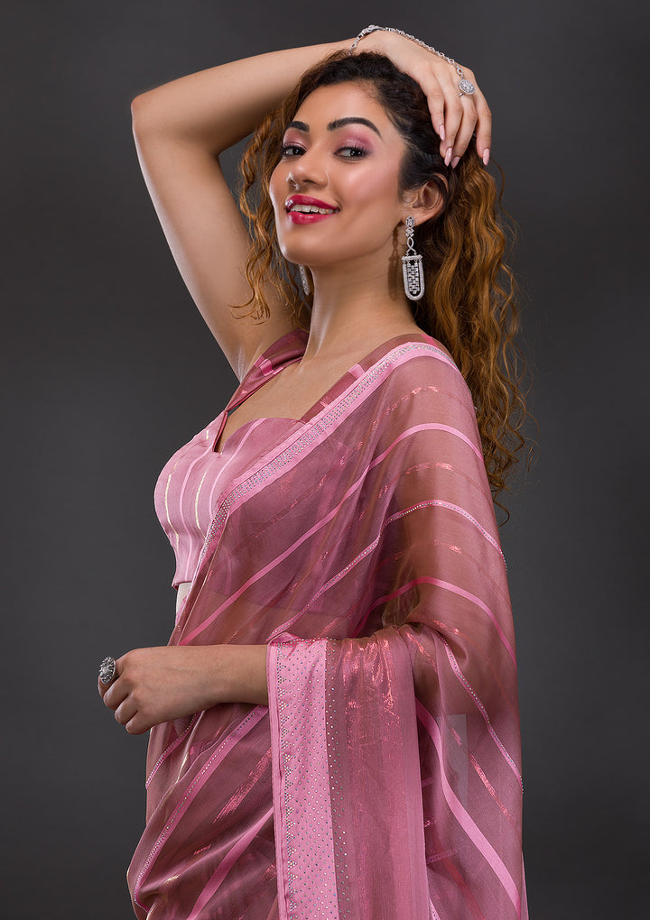 Onion Pink Swarovski Shimmer Georgette Saree