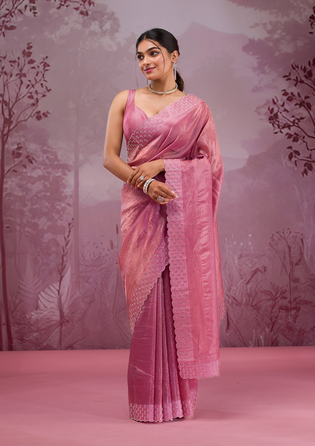 Onion Pink Swarovski Tissue Saree