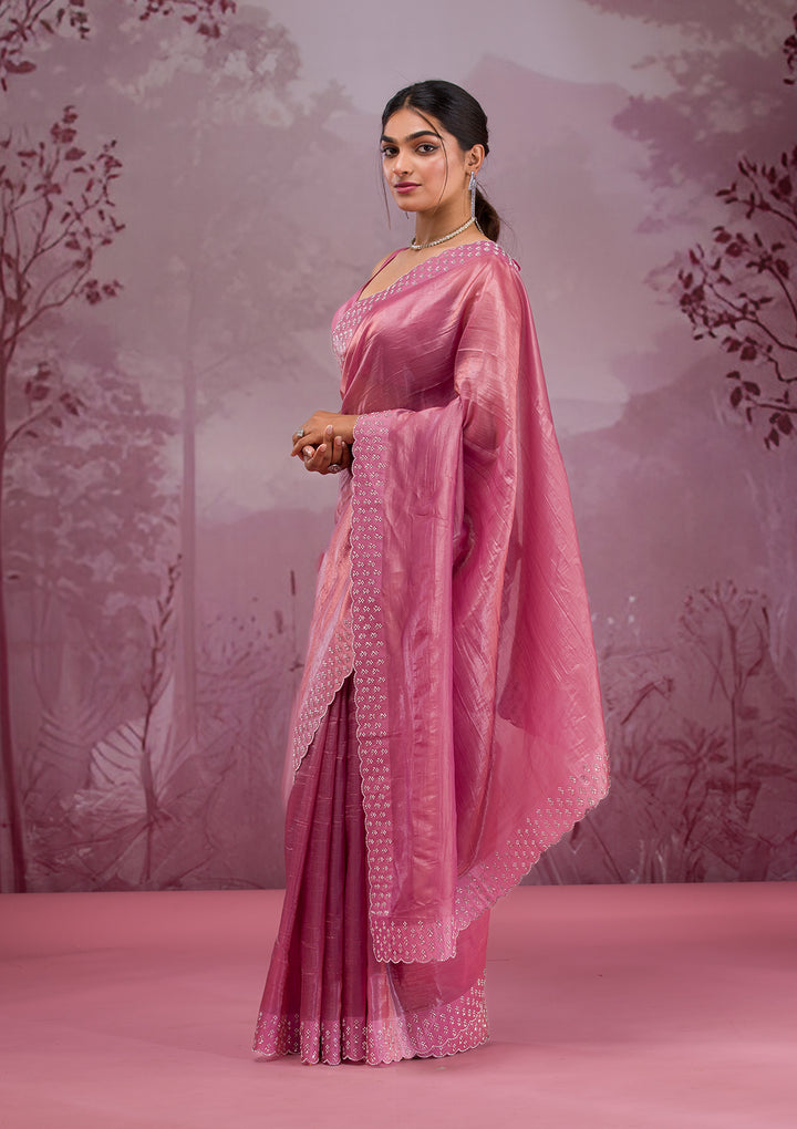 Onion Pink Swarovski Tissue Saree