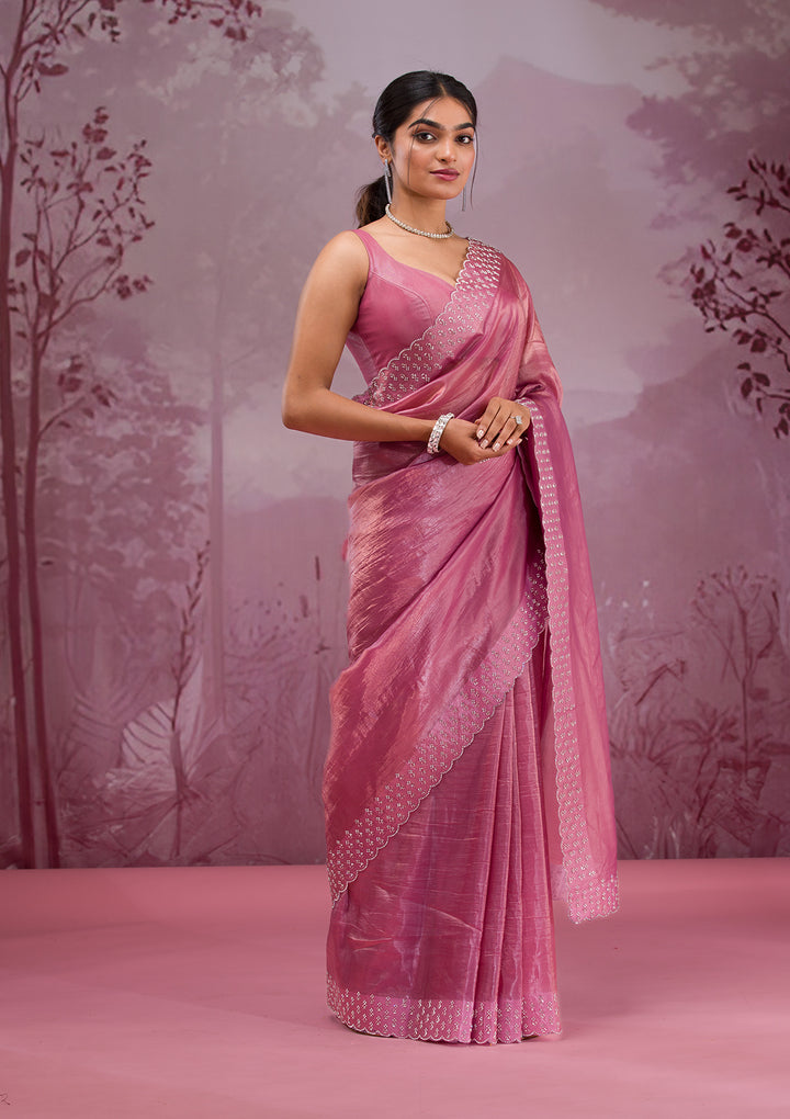 Onion Pink Swarovski Tissue Saree
