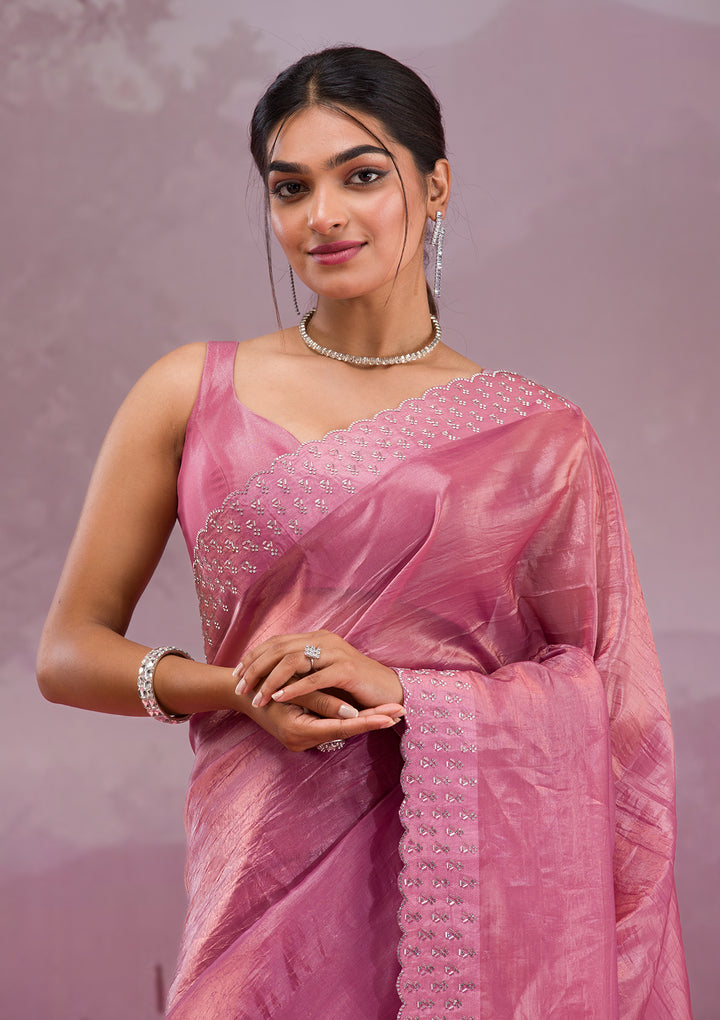 Onion Pink Swarovski Tissue Saree