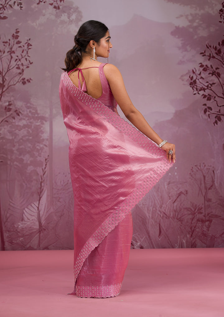 Onion Pink Swarovski Tissue Saree