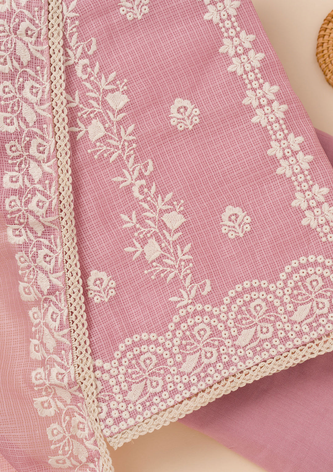 Onion Pink Threadwork Cotton Blend Unstitched Salwar Suit