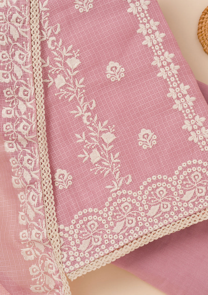 Onion Pink Threadwork Cotton Blend Unstitched Salwar Suit