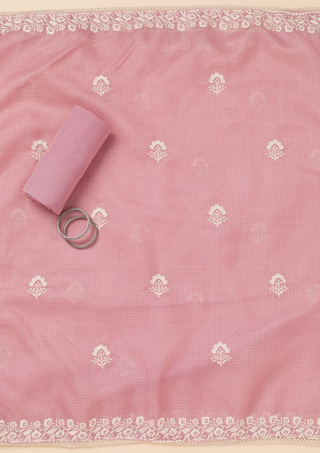 Onion Pink Threadwork Cotton Blend Unstitched Salwar Suit