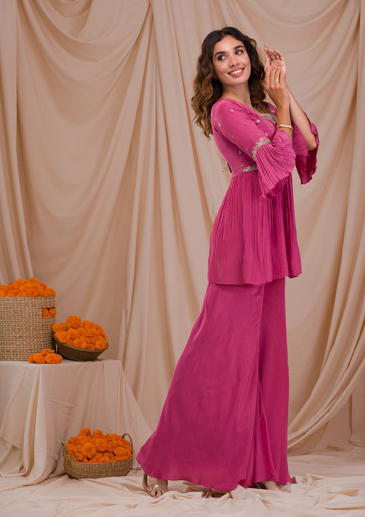 Onion Pink Threadwork Crepe Readymade Salwar Suit-Koskii