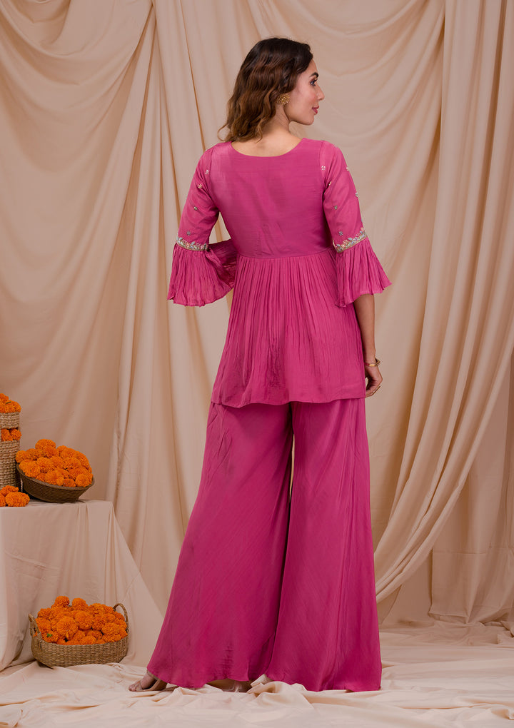 Onion Pink Threadwork Crepe Readymade Salwar Suit-Koskii