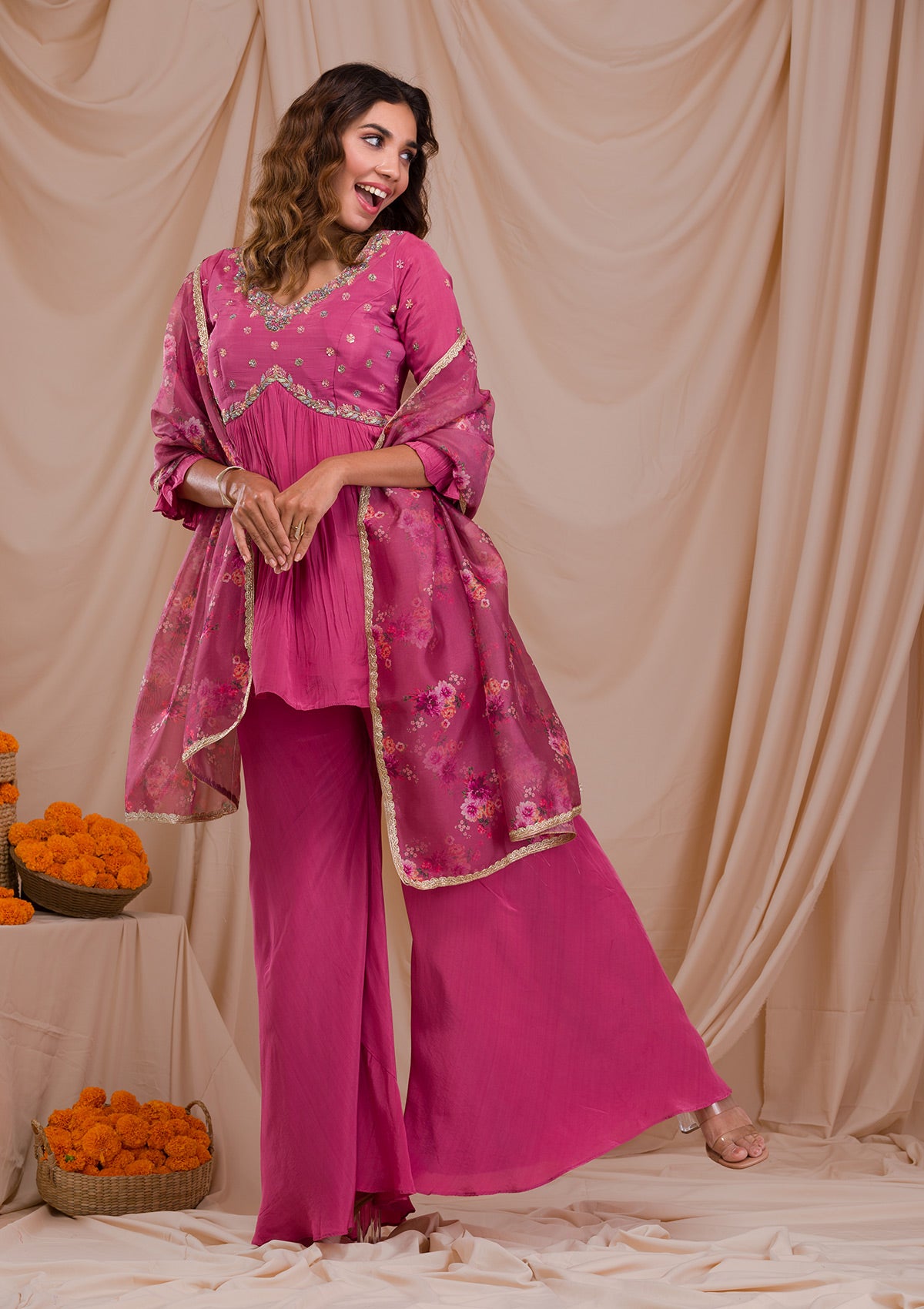 Onion Pink Threadwork Crepe Readymade Salwar Suit-Koskii