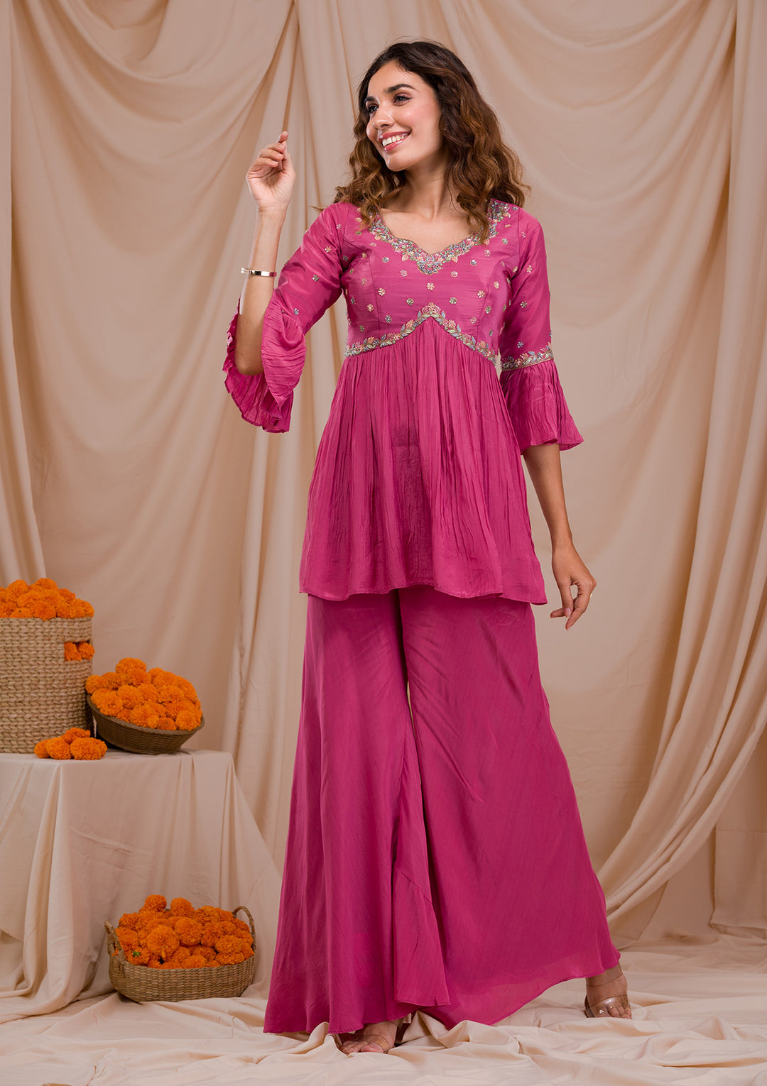 Onion Pink Threadwork Crepe Readymade Salwar Suit-Koskii