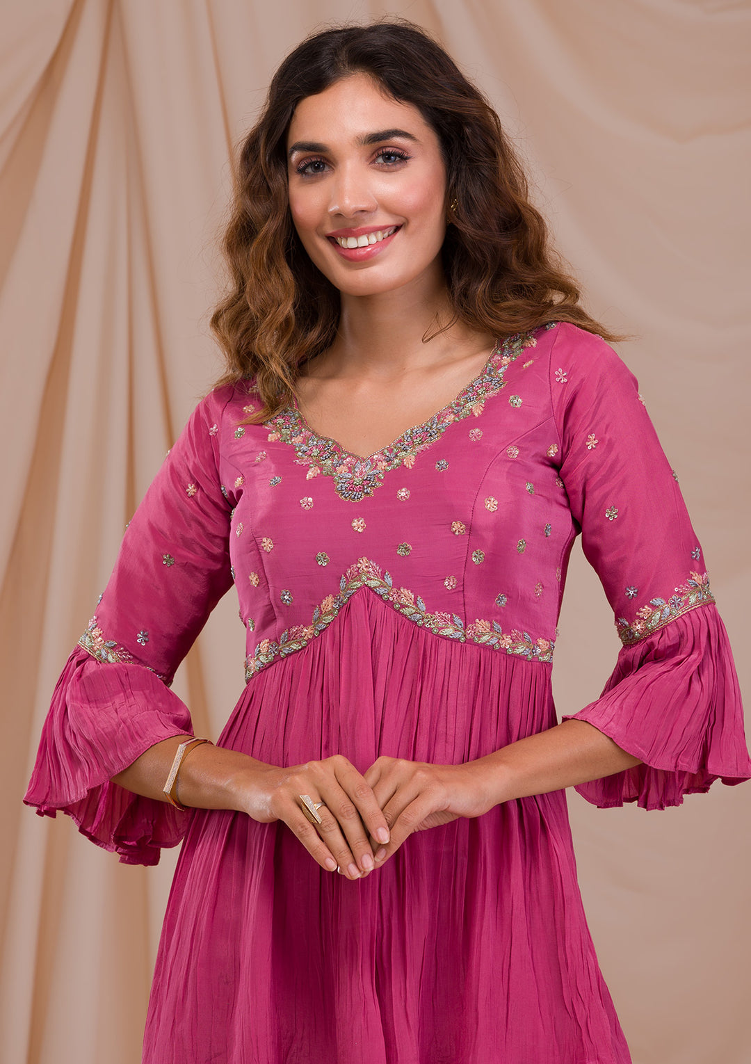 Onion Pink Threadwork Crepe Readymade Sharara Suit