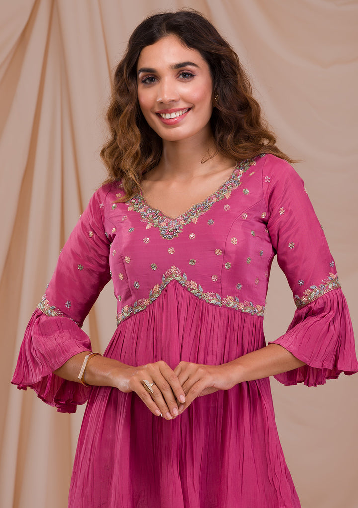 Onion Pink Threadwork Crepe Readymade Sharara Suit