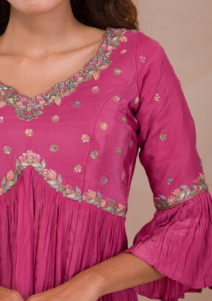 Onion Pink Threadwork Crepe Readymade Sharara Suit