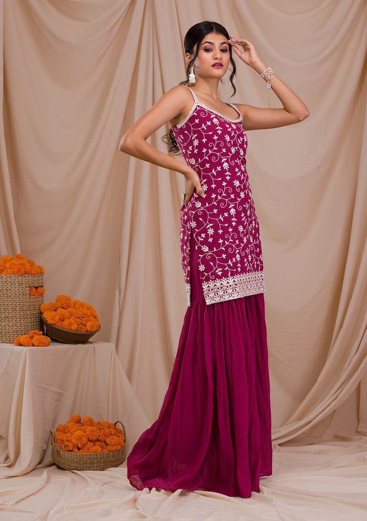 Onion Pink Threadwork Georgette Readymade Salwar Suit-Koskii
