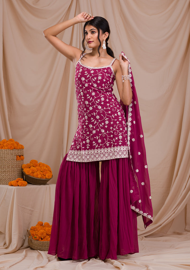Onion Pink Threadwork Georgette Readymade Salwar Suit-Koskii