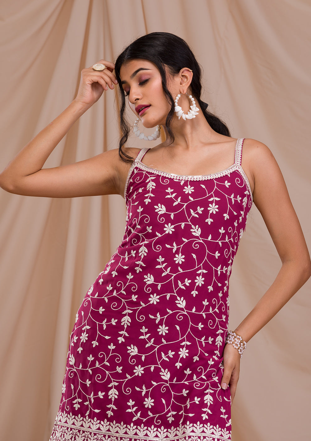 Onion Pink Threadwork Georgette Readymade Salwar Suit-Koskii