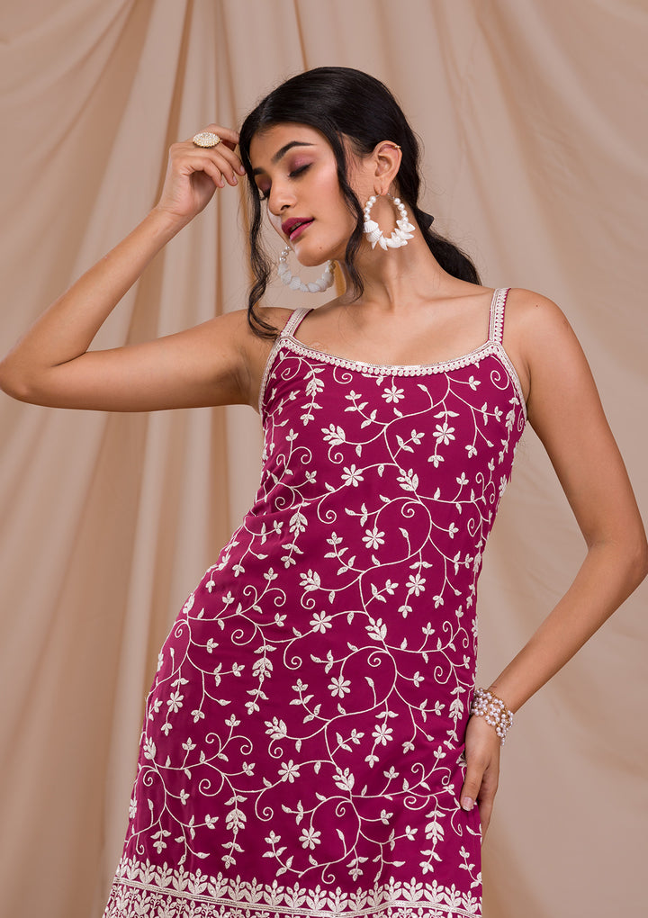 Onion Pink Threadwork Georgette Readymade Salwar Suit-Koskii