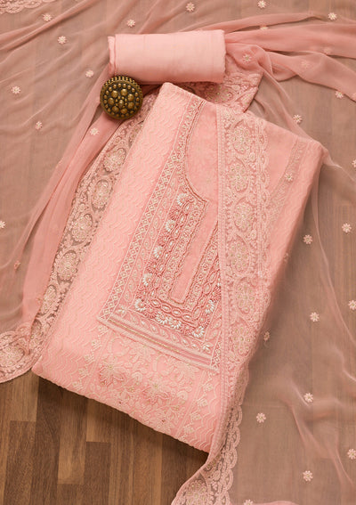 Onion Pink Threadwork Georgette Unstitched Salwar Suit-Koskii