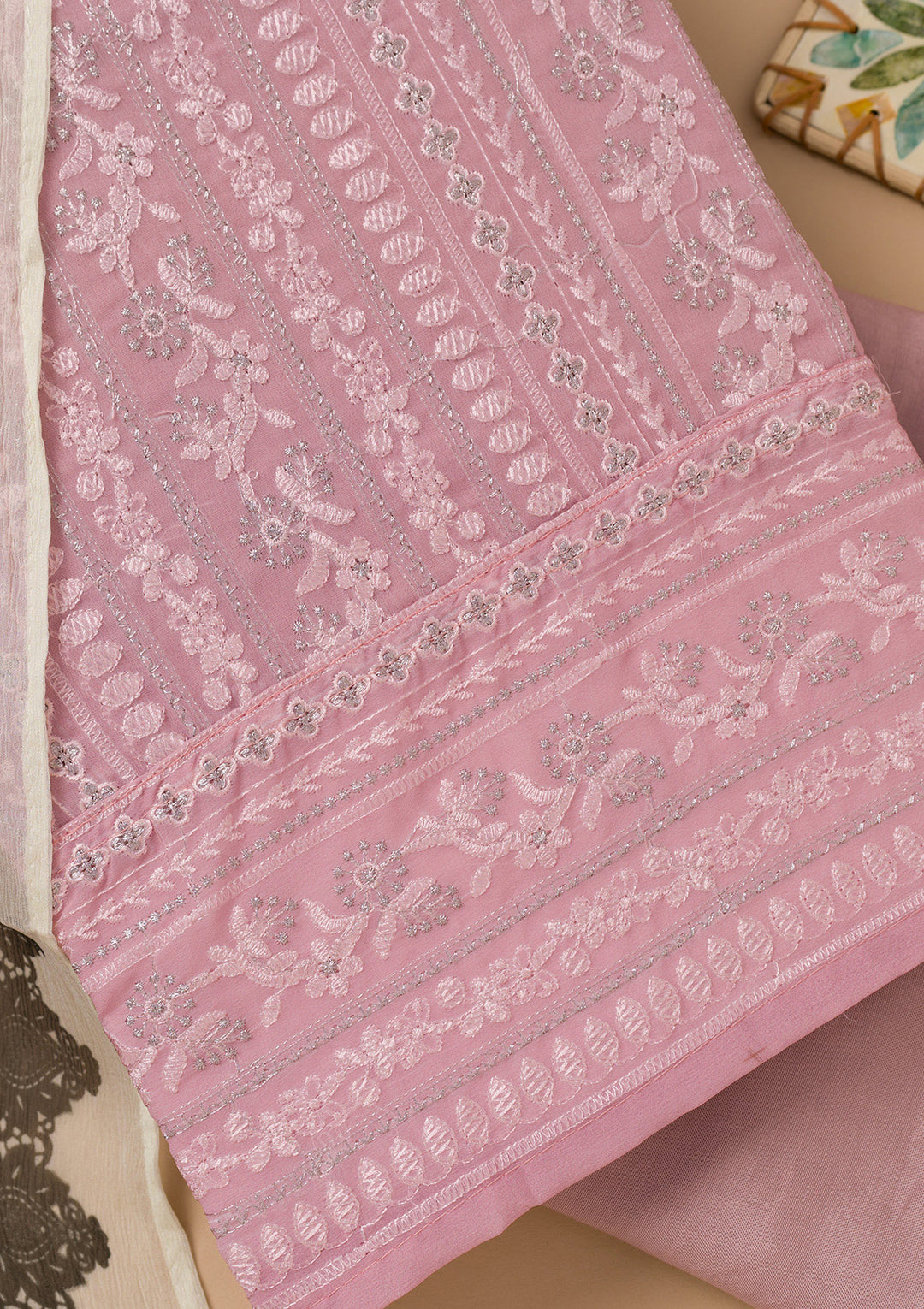 Onion Pink Threadwork Georgette Unstitched Salwar Suit