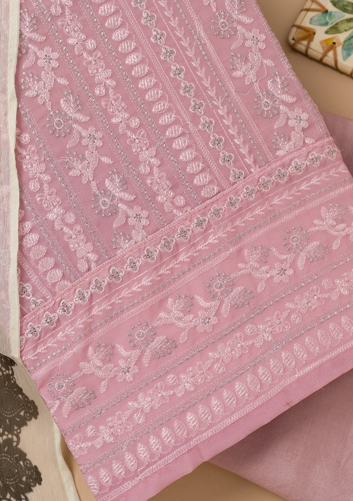 Onion Pink Threadwork Georgette Unstitched Salwar Suit
