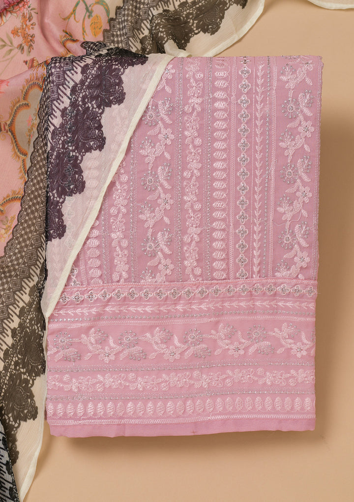 Onion Pink Threadwork Georgette Unstitched Salwar Suit